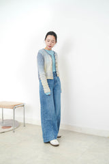 Blue wool yarn cardigan in gradient color