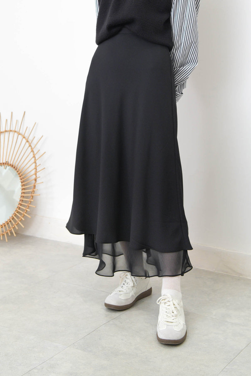 Black silky mermaid skirt in double layers