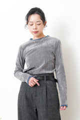 Light grey velvet top w/ contrast ruffle fringe