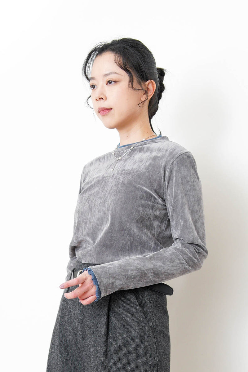 Light grey velvet top w/ contrast ruffle fringe