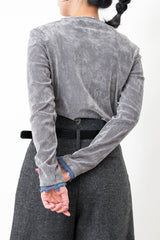 Light grey velvet top w/ contrast ruffle fringe