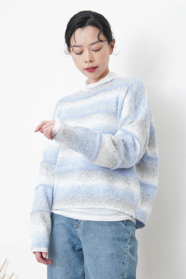 Gradient blue soft knit sweater in stripes