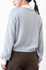 Grey blue soft wool cardigan w/ string