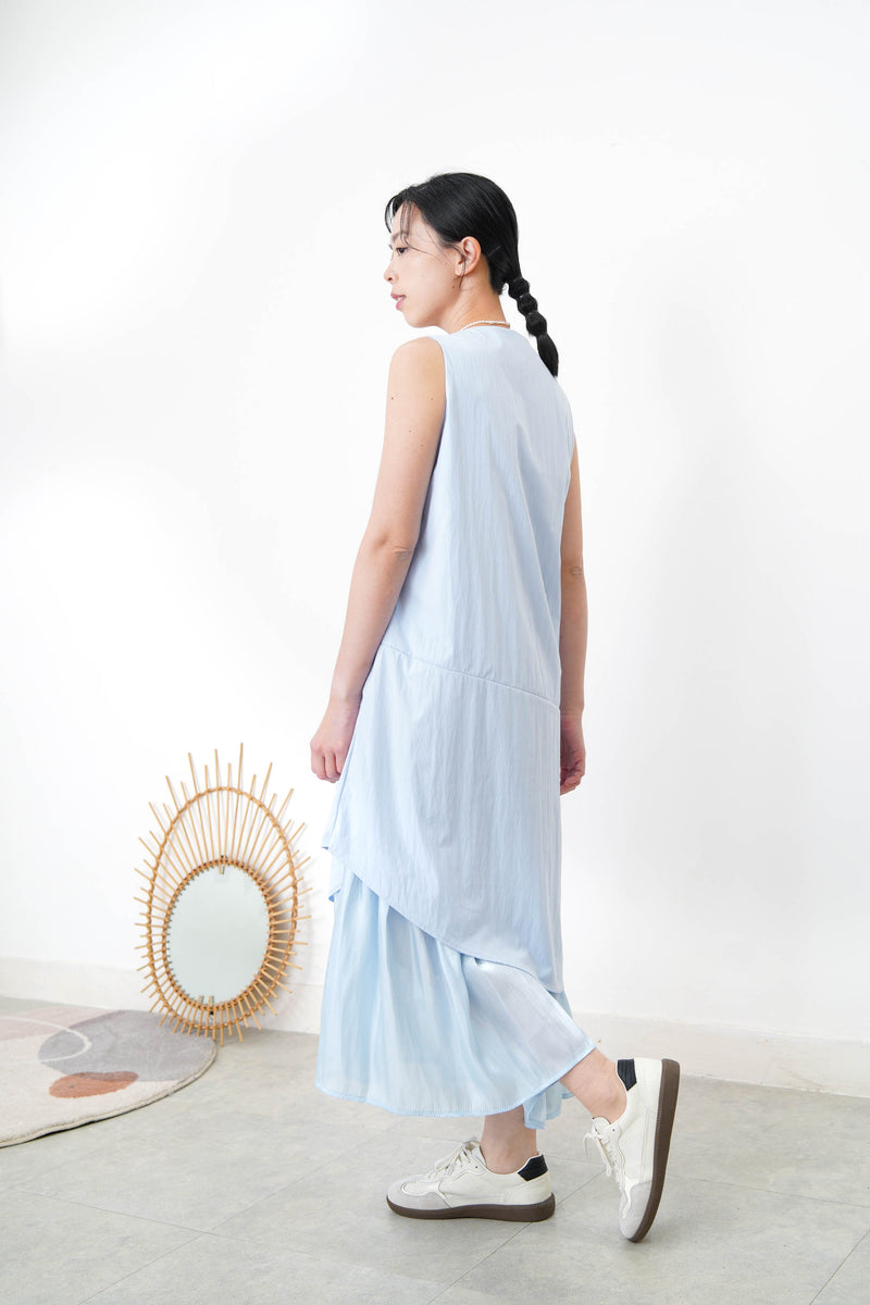 Sky blue square neck dress w/ asy. layering hem