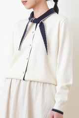White knit cardigan w/ knot tie collar