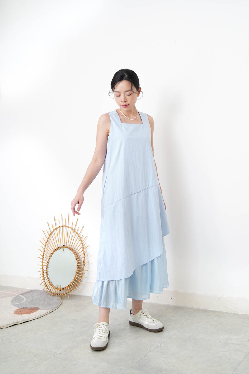 Sky blue square neck dress w/ asy. layering hem