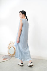 Sky blue square neck dress w/ asy. layering hem