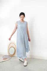 Sky blue square neck dress w/ asy. layering hem