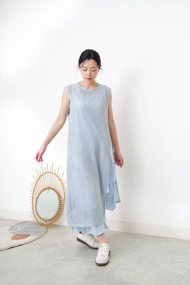 Sky blue square neck dress w/ asy. layering hem