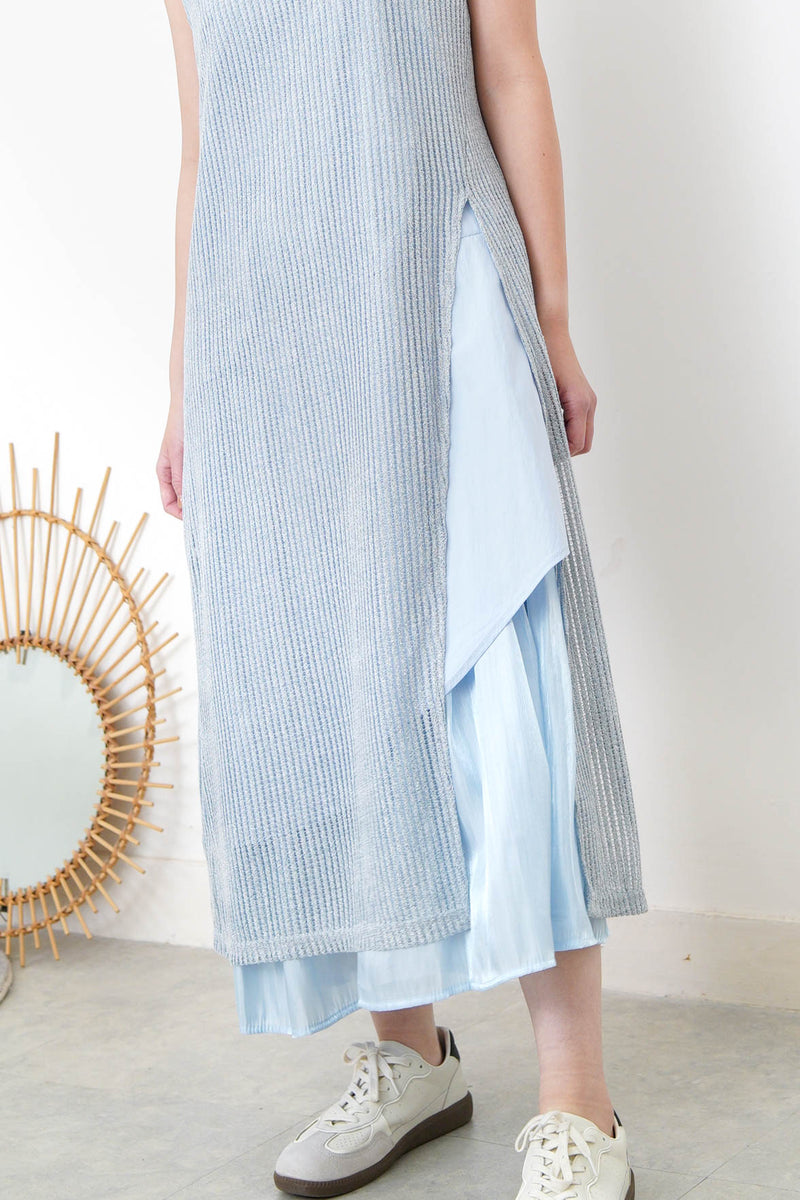 Sky blue square neck dress w/ asy. layering hem