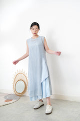 Sky blue square neck dress w/ asy. layering hem