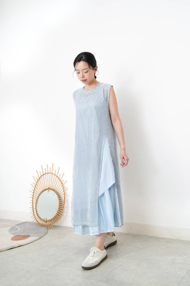 Sky blue square neck dress w/ asy. layering hem