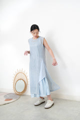 Sky blue square neck dress w/ asy. layering hem