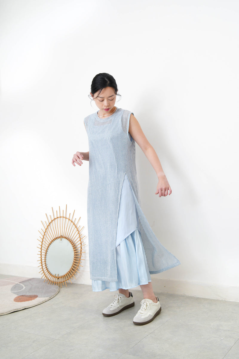 Sky blue square neck dress w/ asy. layering hem