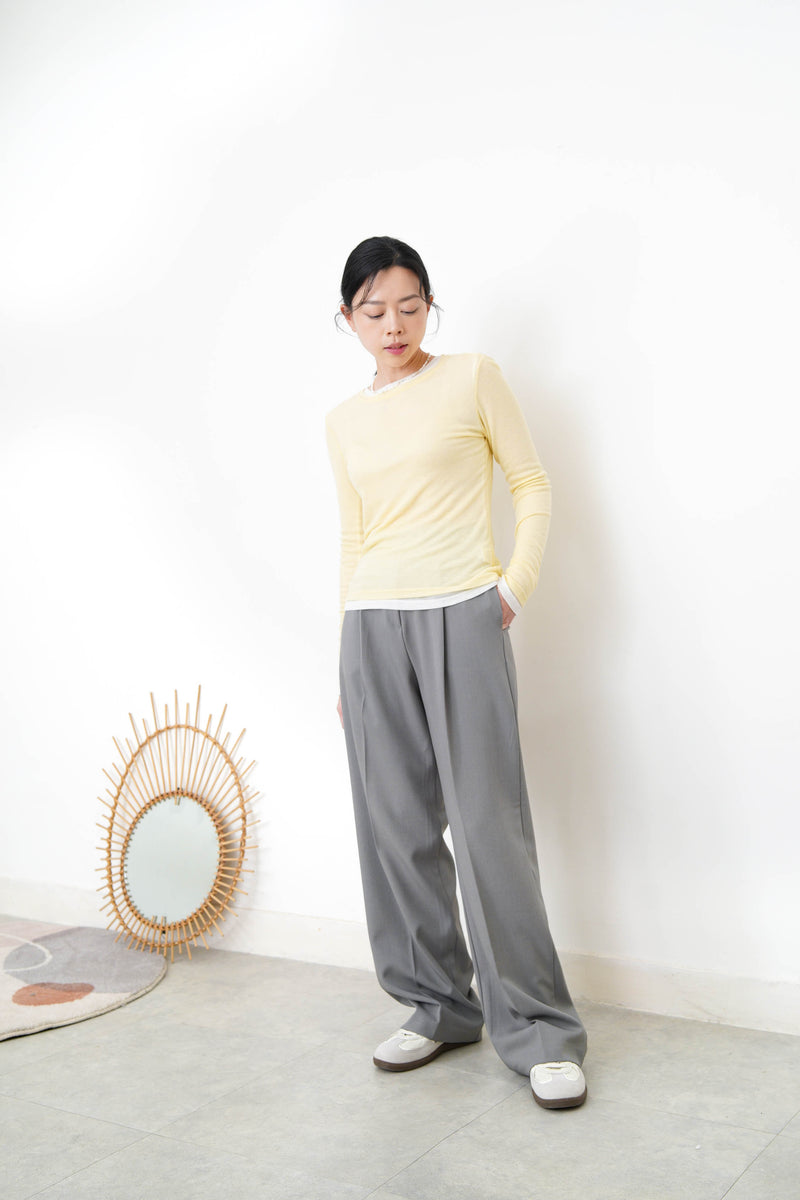 Grey suit pants w/ asy. waist cutting
