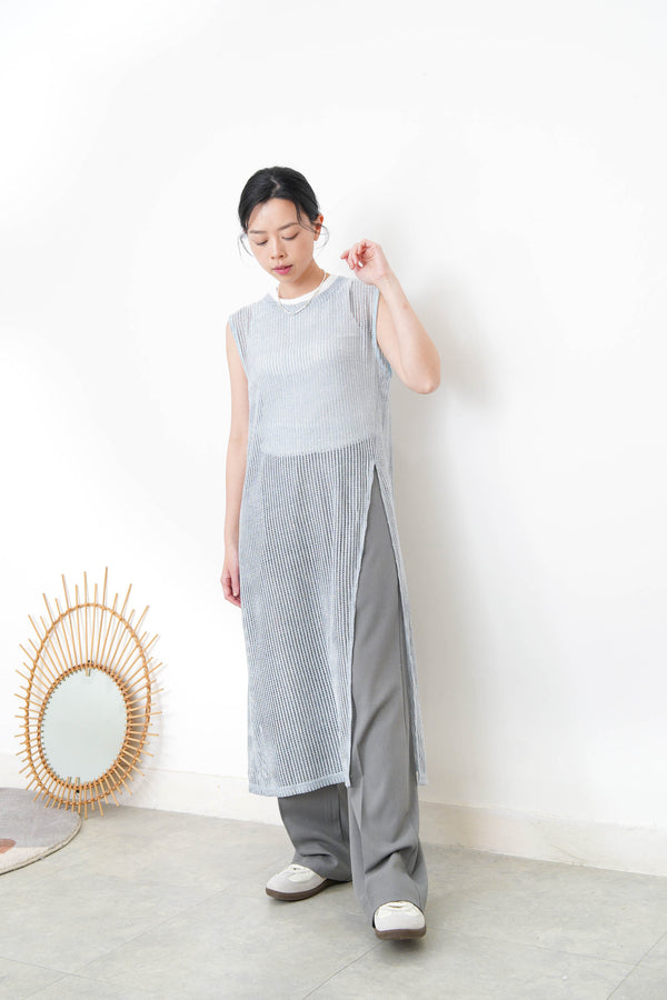 Blue net overall w/ side open hem