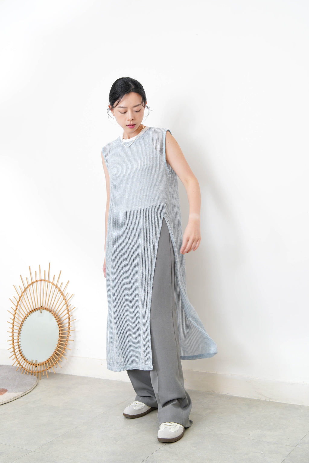 Blue net overall w/ side open hem – hana.hana