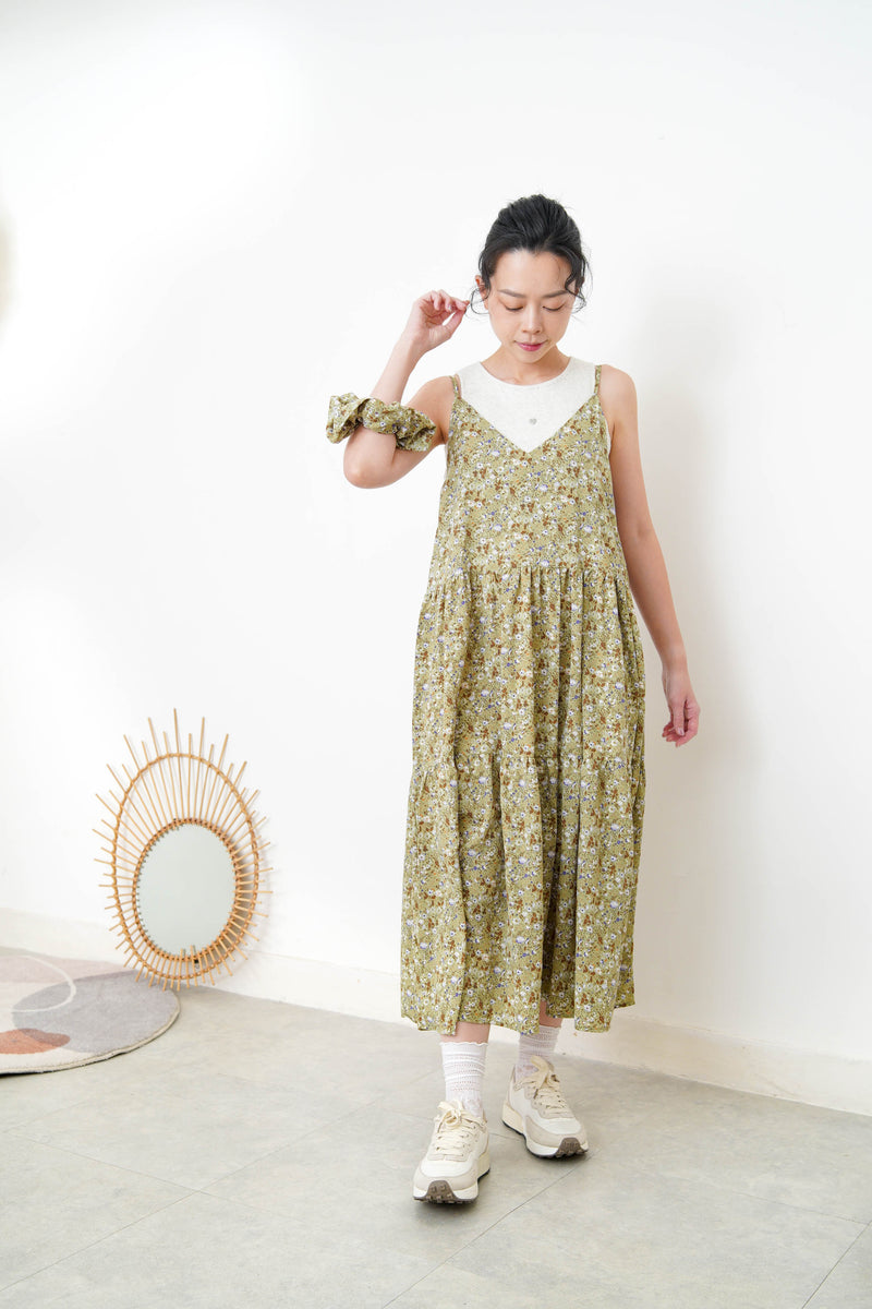 Mustard floral cami dress w/ hair scrunchies