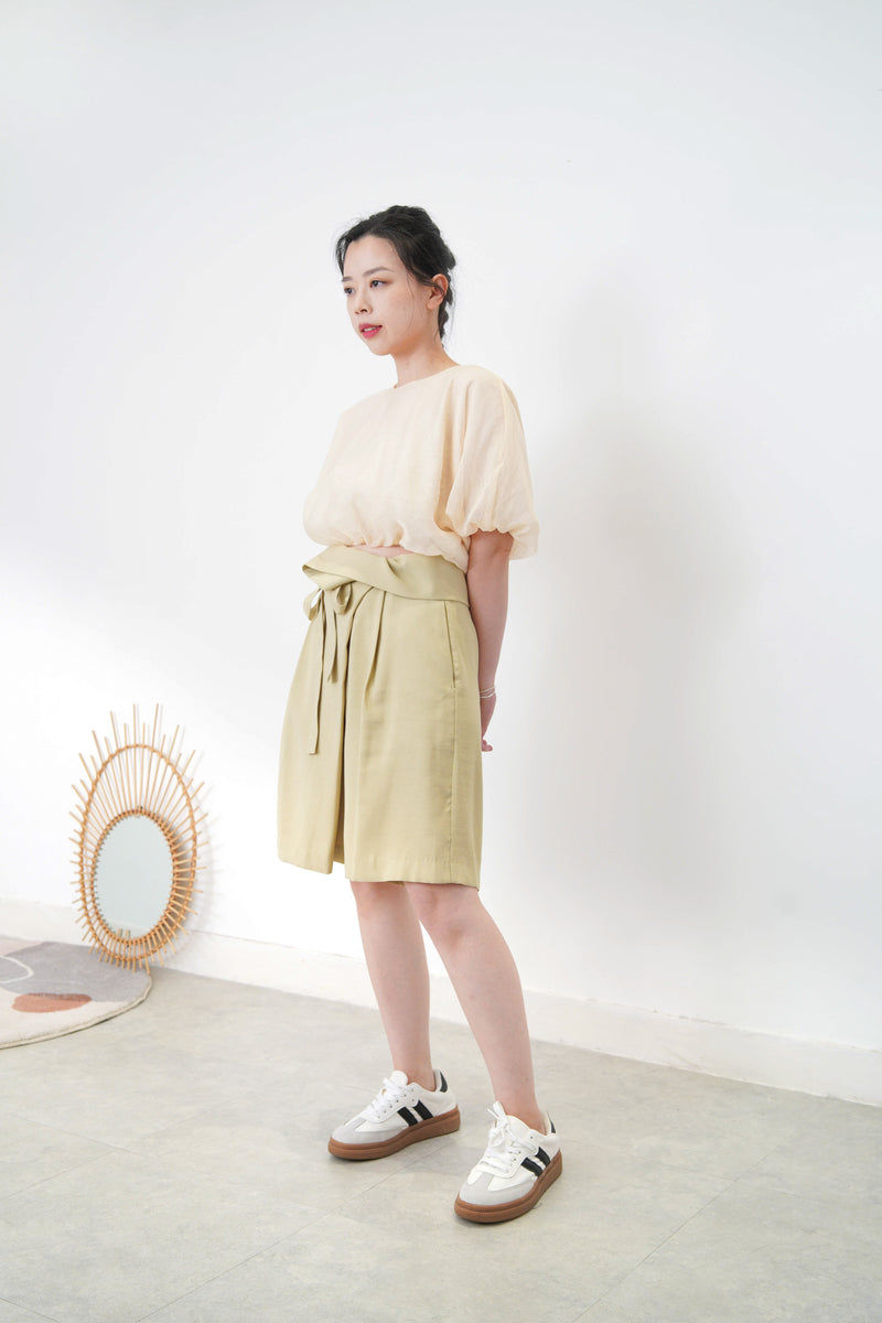 Mustard pleats shorts w/ overlap details