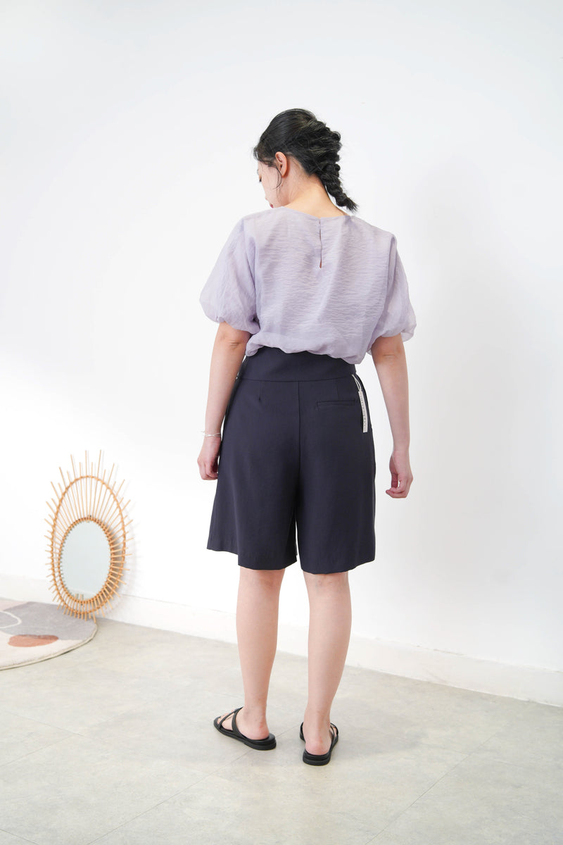 Navy pleats shorts w/ overlap details