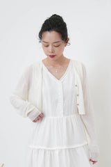 White detail fringe trimmed V neck dress