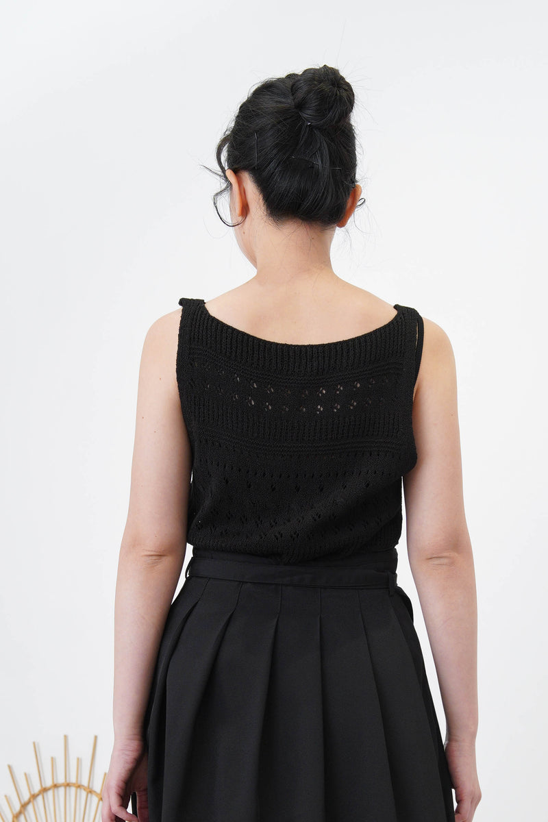 Black crochet knit vest in boat neck