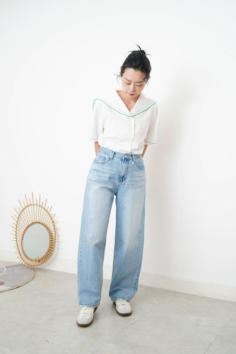 White linen sailor top in green stitches