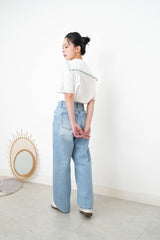 White linen sailor top in green stitches