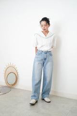 White linen sailor top in green stitches