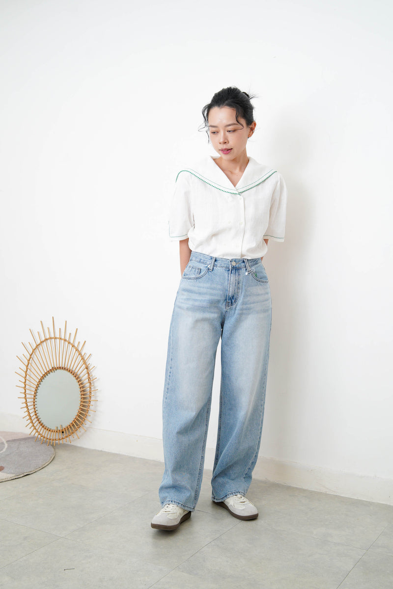 White linen sailor top in green stitches
