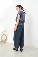 Navy checked detail blouse w/ scarf