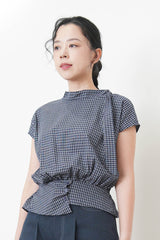 Navy checked detail blouse w/ scarf