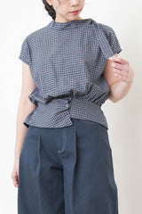 Navy checked detail blouse w/ scarf