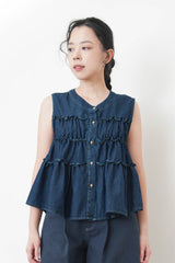 Navy denim ruffle vest w/ buttons