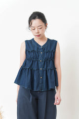 Navy denim ruffle vest w/ buttons