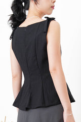 Black boat neck premium vest w/ ribbon details
