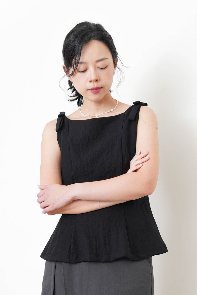 Black boat neck premium vest w/ ribbon details