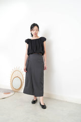 Black chiffon balloon blouse w/ floral embroidery