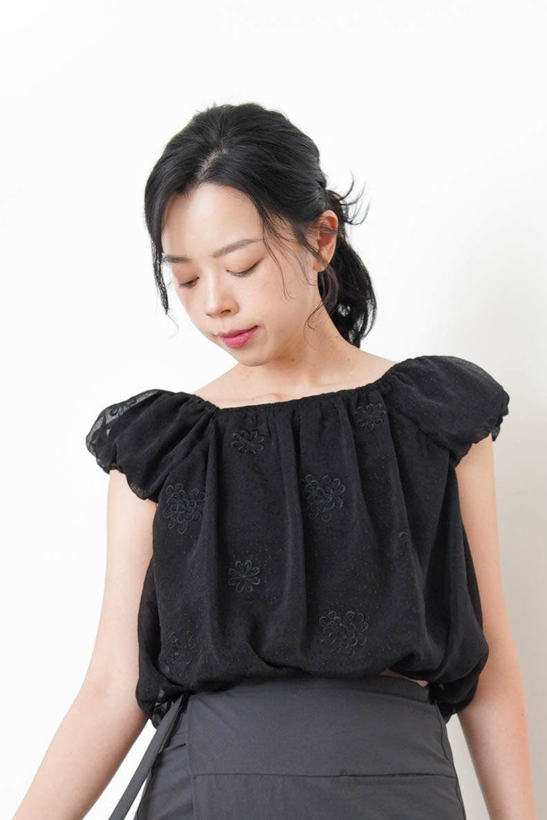 Black chiffon balloon blouse w/ floral embroidery