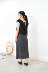 Black chiffon balloon blouse w/ floral embroidery