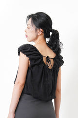 Black chiffon balloon blouse w/ floral embroidery