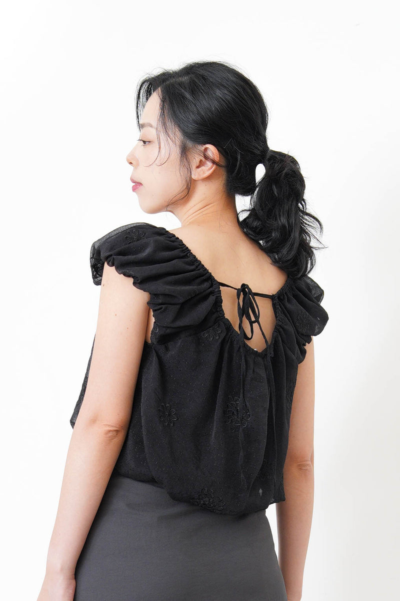 Black chiffon balloon blouse w/ floral embroidery