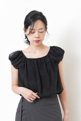 Black chiffon balloon blouse w/ floral embroidery