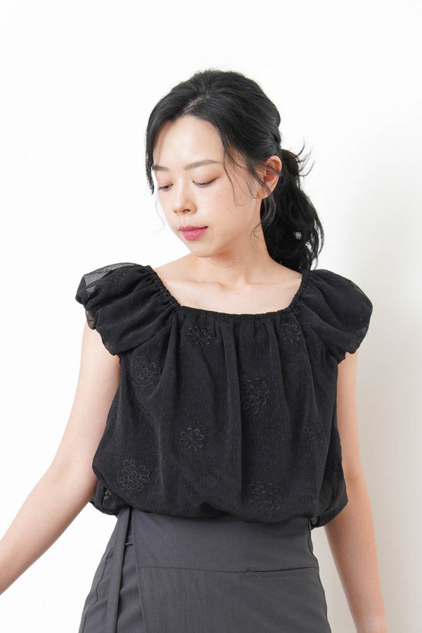 Black chiffon balloon blouse w/ floral embroidery