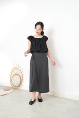 Black chiffon balloon blouse w/ floral embroidery