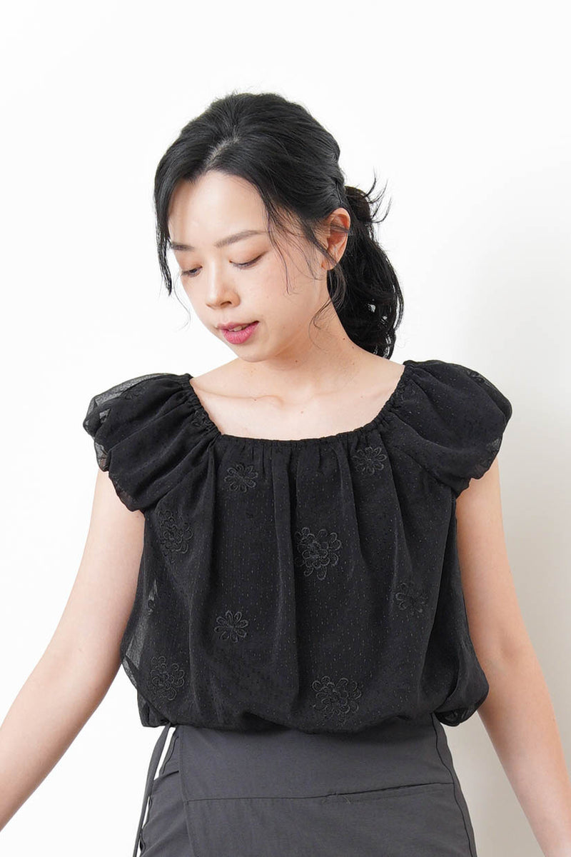 Black chiffon balloon blouse w/ floral embroidery