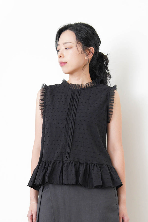 Black dotted pattern vest w/ chiffon trimming