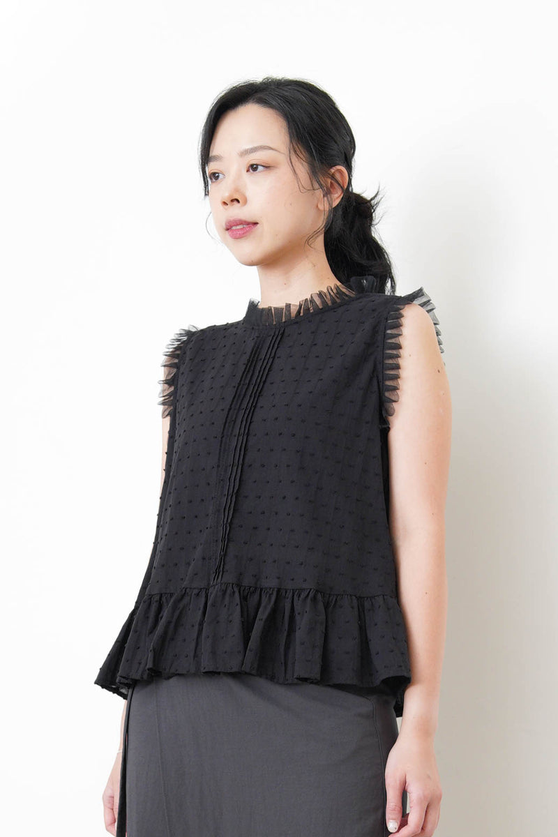 Black dotted pattern vest w/ chiffon trimming