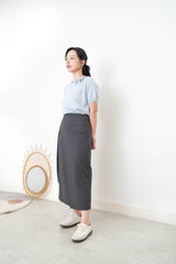 Blue knit top w/ ribbon collar details