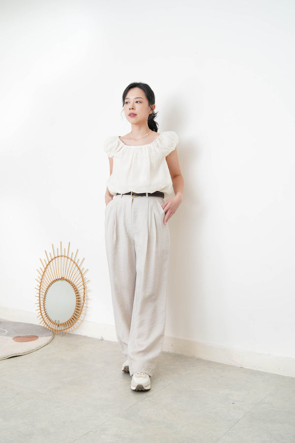 Beige chiffon balloon blouse w/ floral embroidery